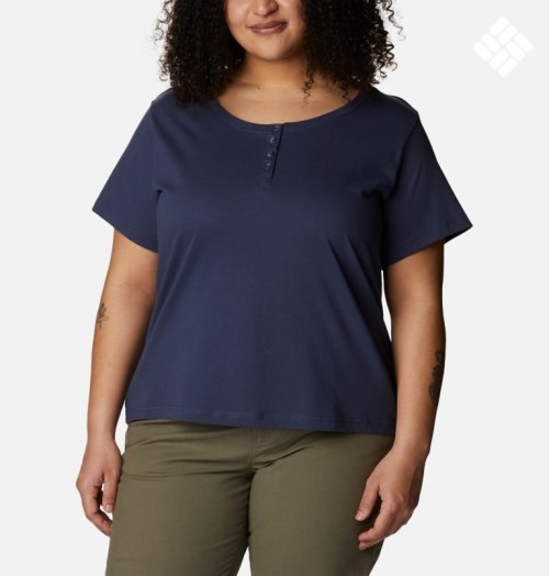 Women's Columbia Sapphire Point Henley T Shirts Navy | Plus Size CA-Y0L6A